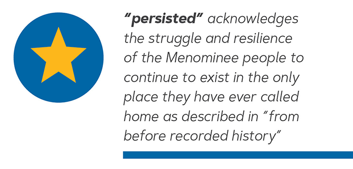 “堅持下去”承認，梅諾米納人的鬥爭和韌性繼續存在於他們唯一稱為“從記錄的曆史上”所描述的地方。